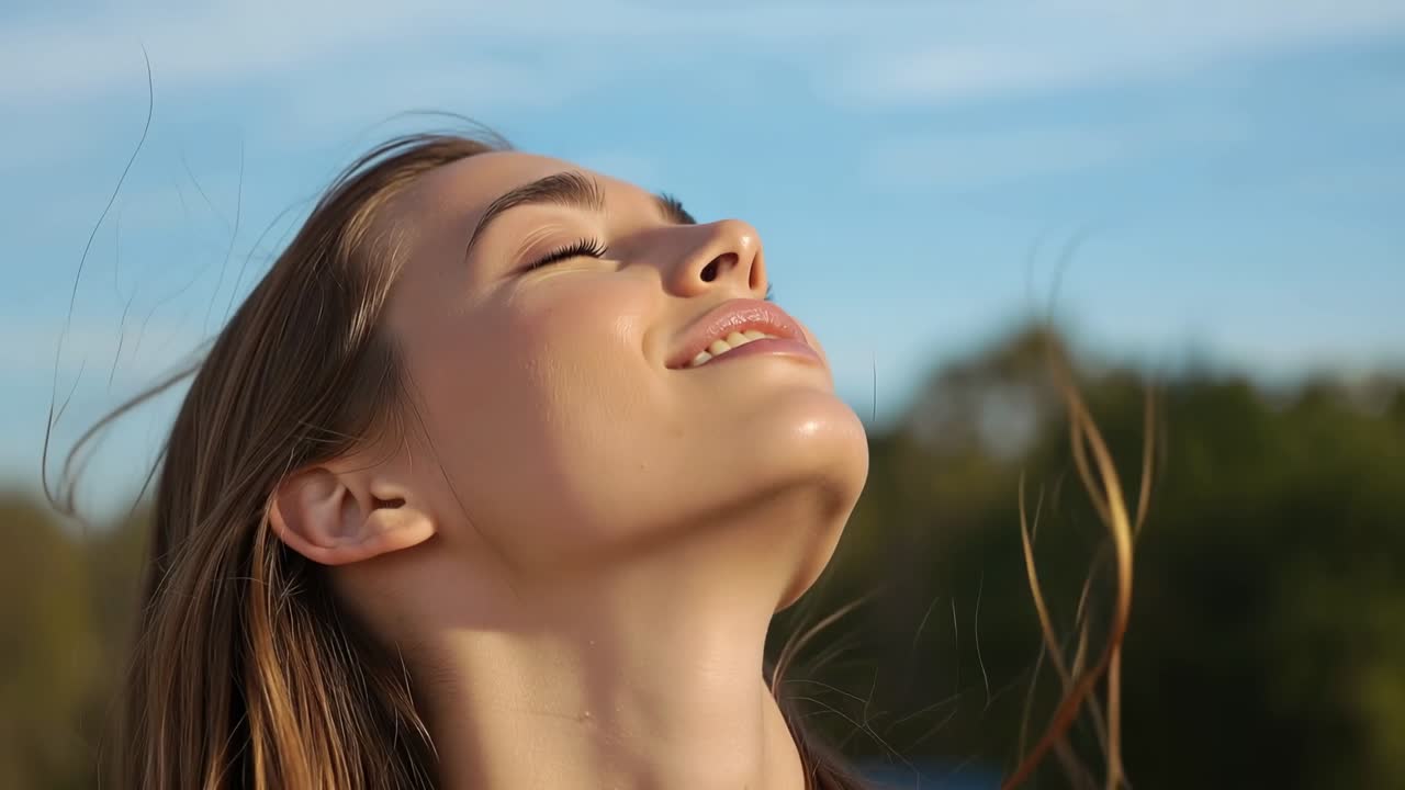 Donna che inclina la testa e si gira di profilo a destra al parco vicino alla linea degli alberi, brezza che le solleva i capelli, assorbendo la luce del sole.