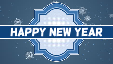 animated closeup happy new year text and fly white snowflakes on snow blue gradient background