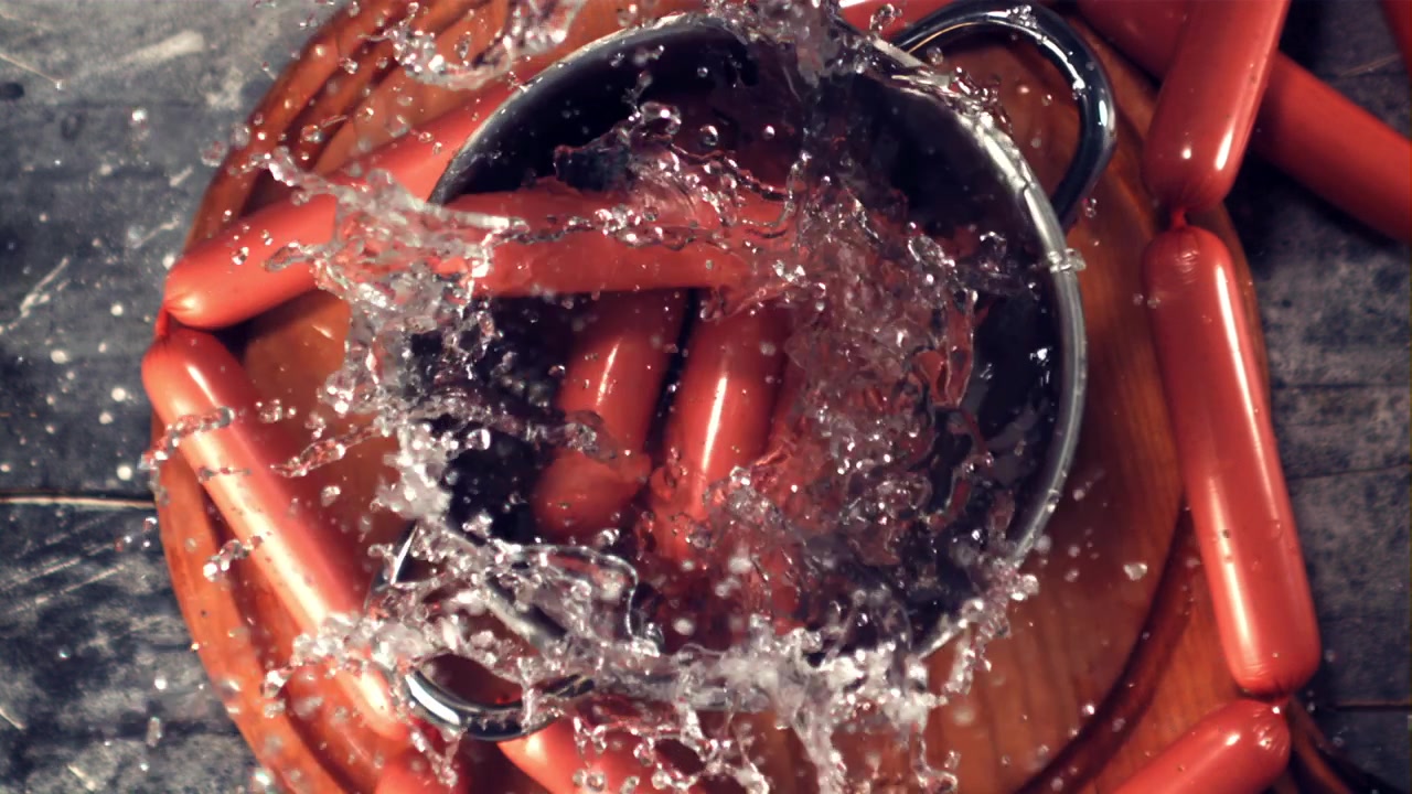 Salsicce che cadono in una pentola di acqua bollente al rallentatore