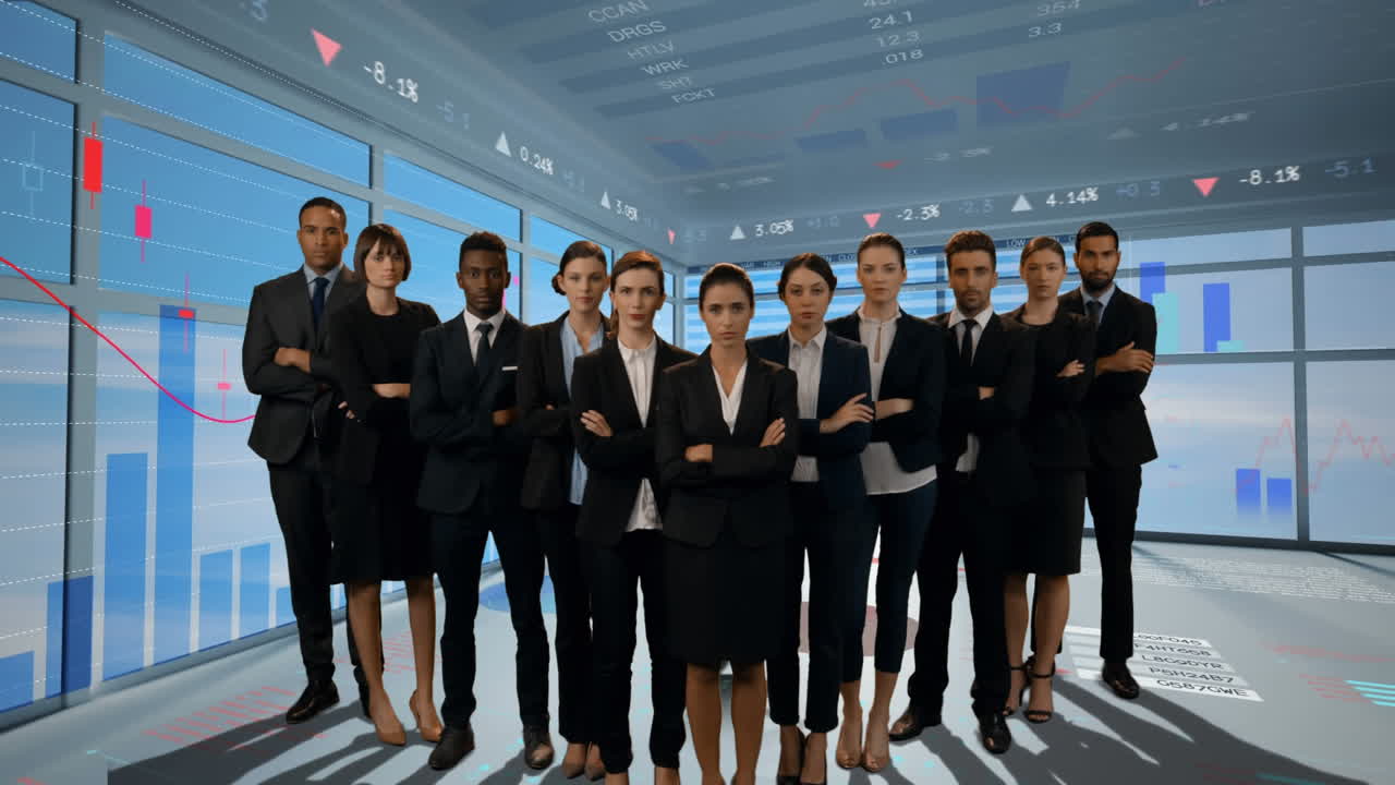 그래프 를 가진 방 에 서 있는 사업가 들