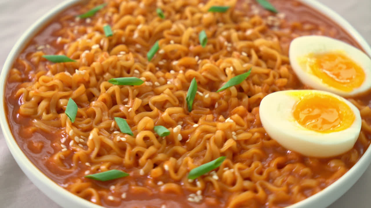 ramyeon o fideos instantáneos coreanos con huevo - estilo de comida coreana