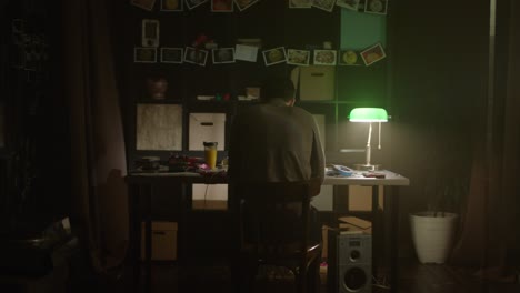 man working late in a home office