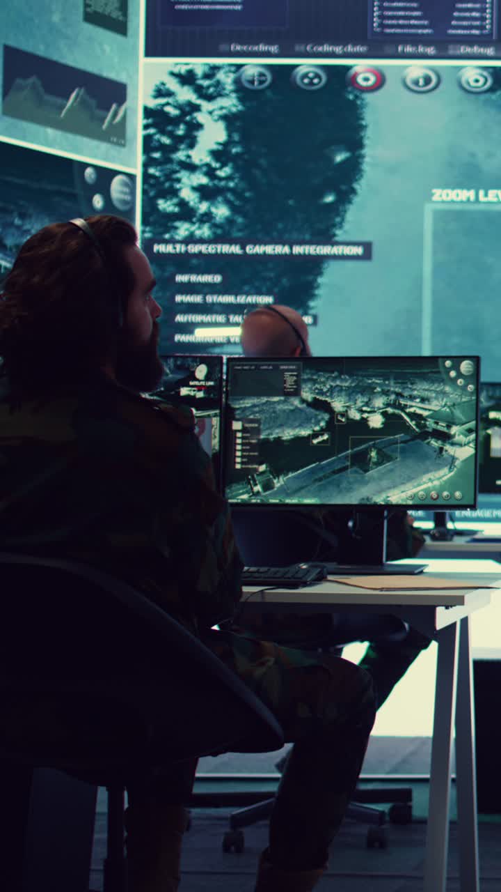 Military Operator Monitoring Surveillance Data in a High-Tech Control Room
