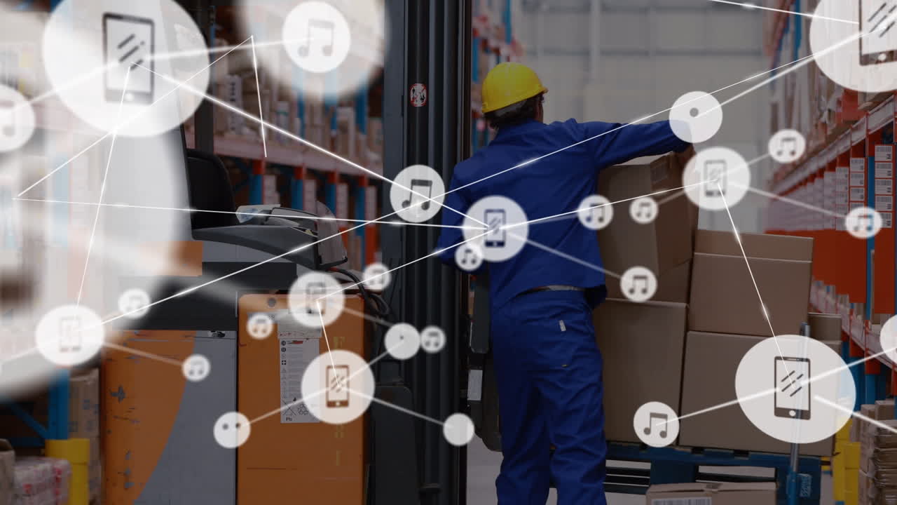 Animation of network of connections with icons over caucasian male warehouse worker