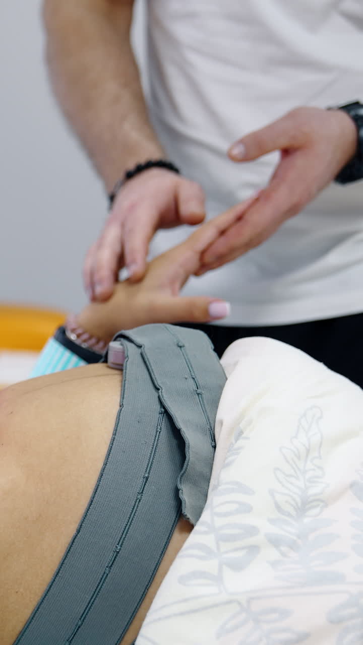Beautiful blonde pregnant woman lies in hospital bed. Belt from medical equipment is on woman's belly. Man standing beside hold his wife by the hand. Vertical video