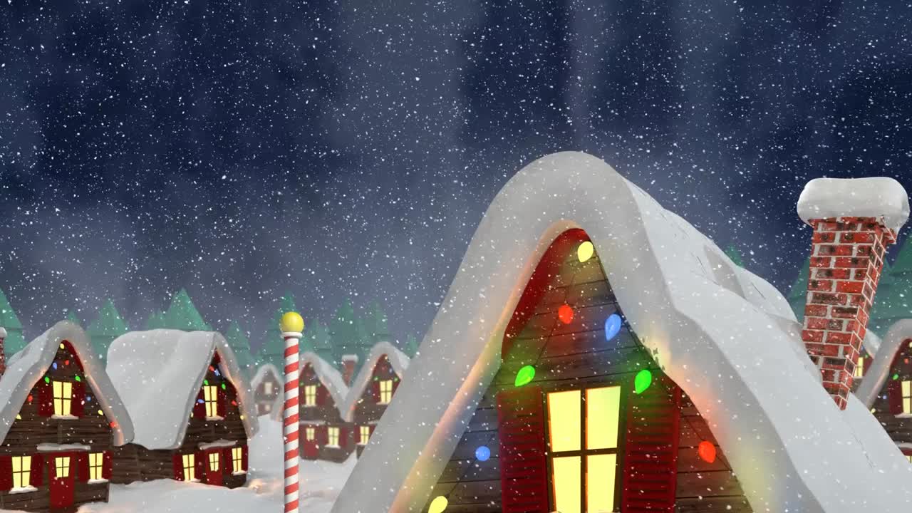 밤하늘을 배경으로 겨울 풍경에 여러 집 위에 눈이 내리고 있습니다.