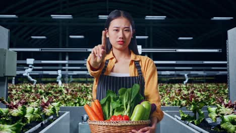 agricultora asiática con una canasta de verduras que muestra una parada con un gesto de dedo, un signo tabú en la granja inteligente