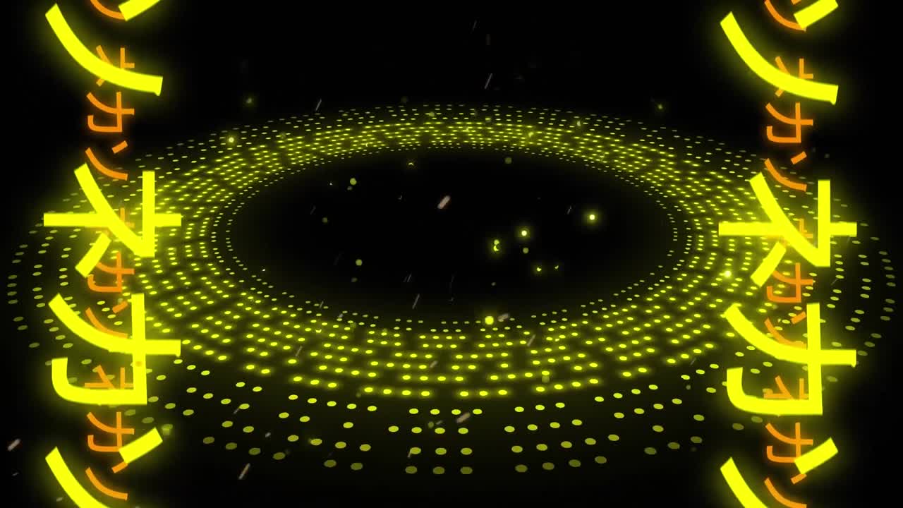 박이는 노란색 빛 패턴 위에 네온 아시아 기호의 애니메이션