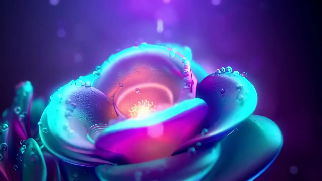 Abstrakt neonblomst, der blomstrer med levende farver og dug