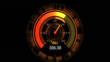 Animation-of-orange-speedometer-over-black-background