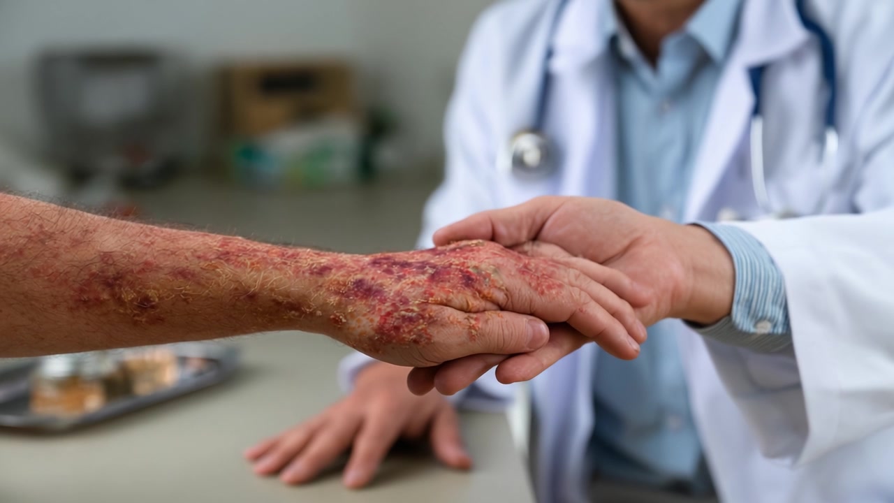 Un esame approfondito di una mano gravemente ustionata durante un consulto medico, che evidenzia l'importanza di cure adeguate e tecniche di guarigione nel recupero del paziente.