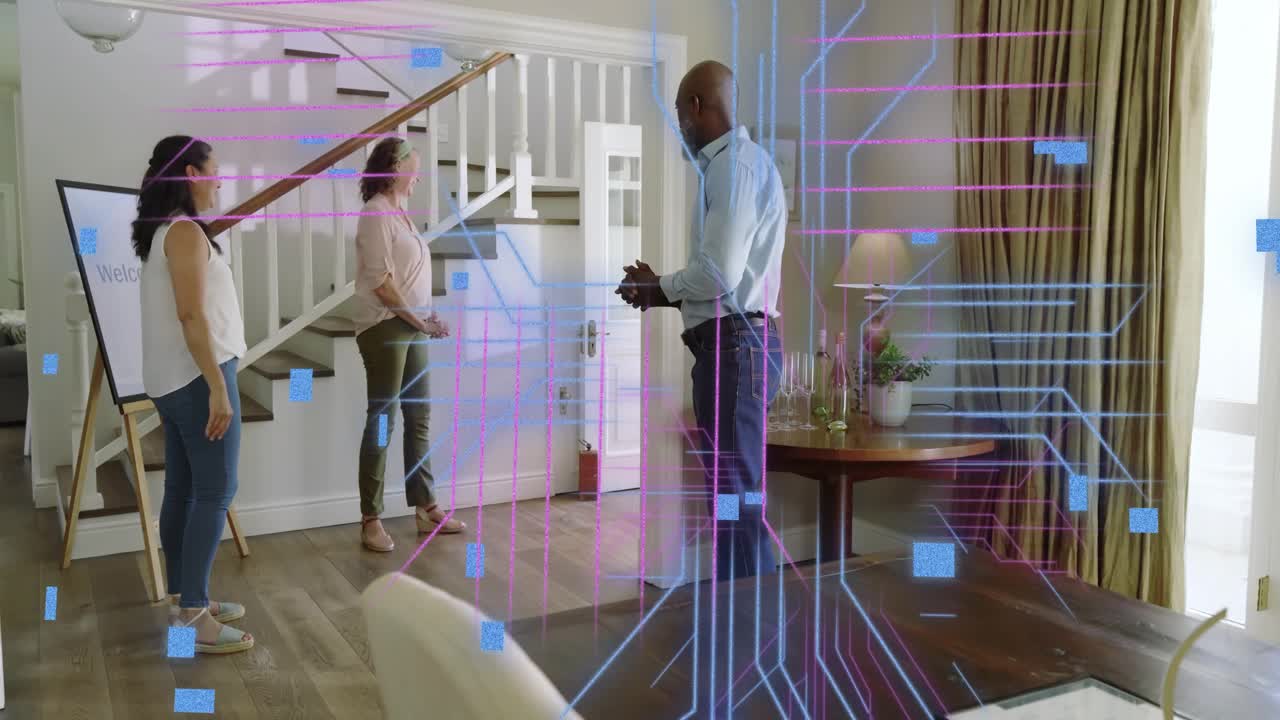 Host preparing drinks after guests arriving at foyer tech circuitry overlay appearing then receding