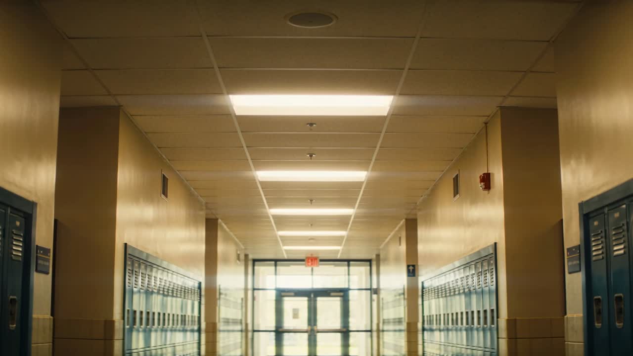 Pushing camera moving down hallway lined with blue lockers toward exit doors, showing red exit sign