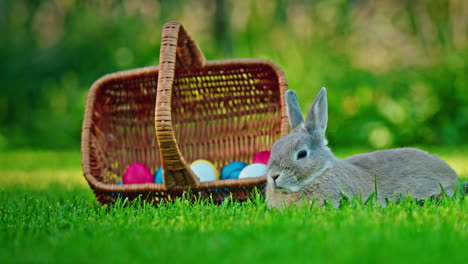 conejo de pascua en un jardín con una canasta de huevos