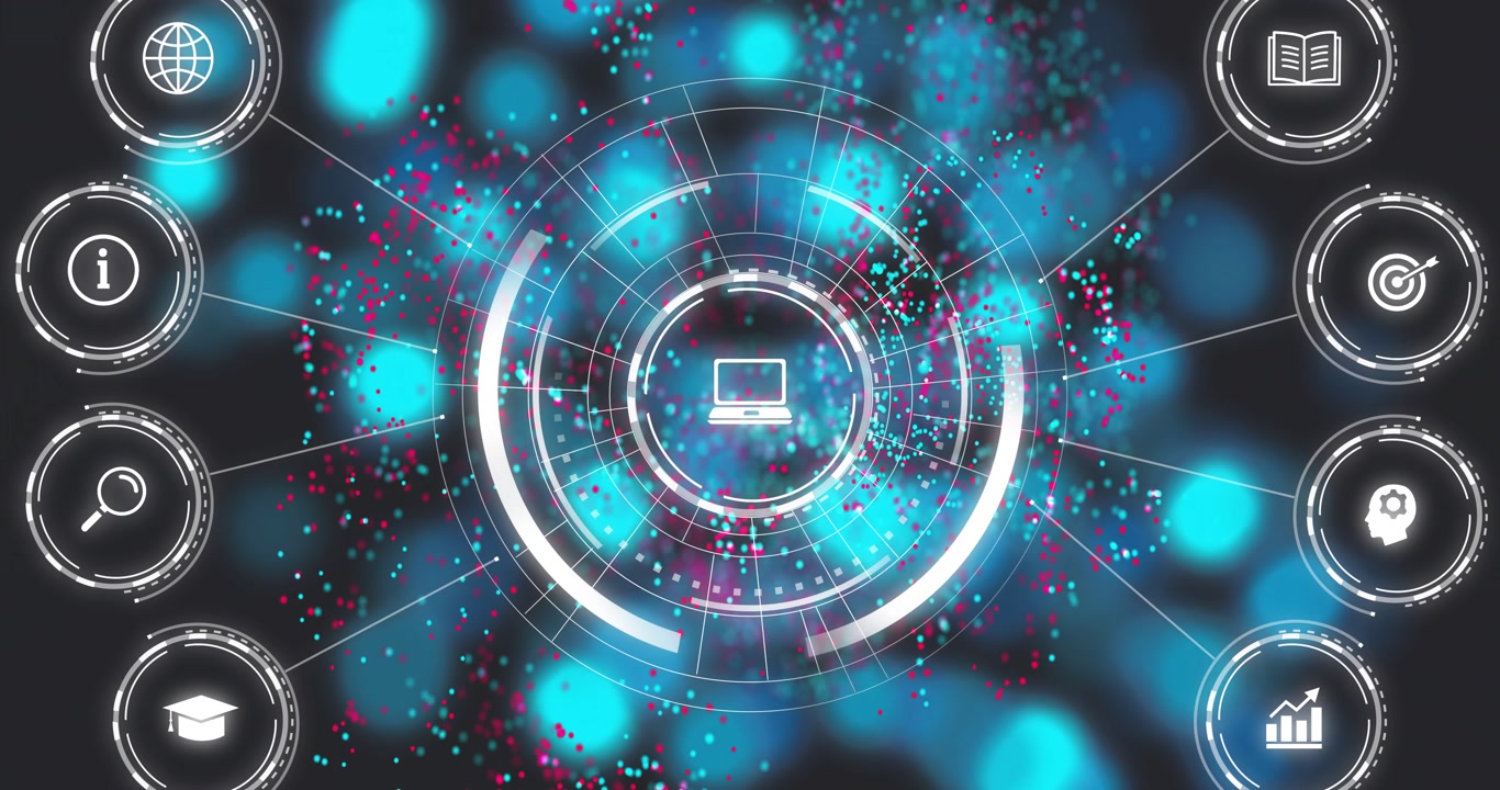 Outer ring lighting causing central laptop icon drawing magenta cyan dots inward to show network