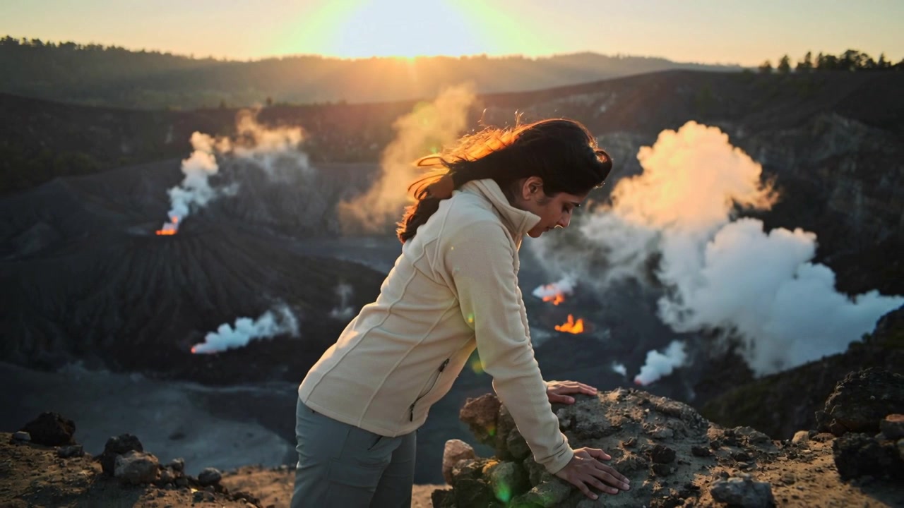 Notando pennacchi di vapore, donna in pile e pantaloni si china sul bordo del cratere per ispezionare le fumarole