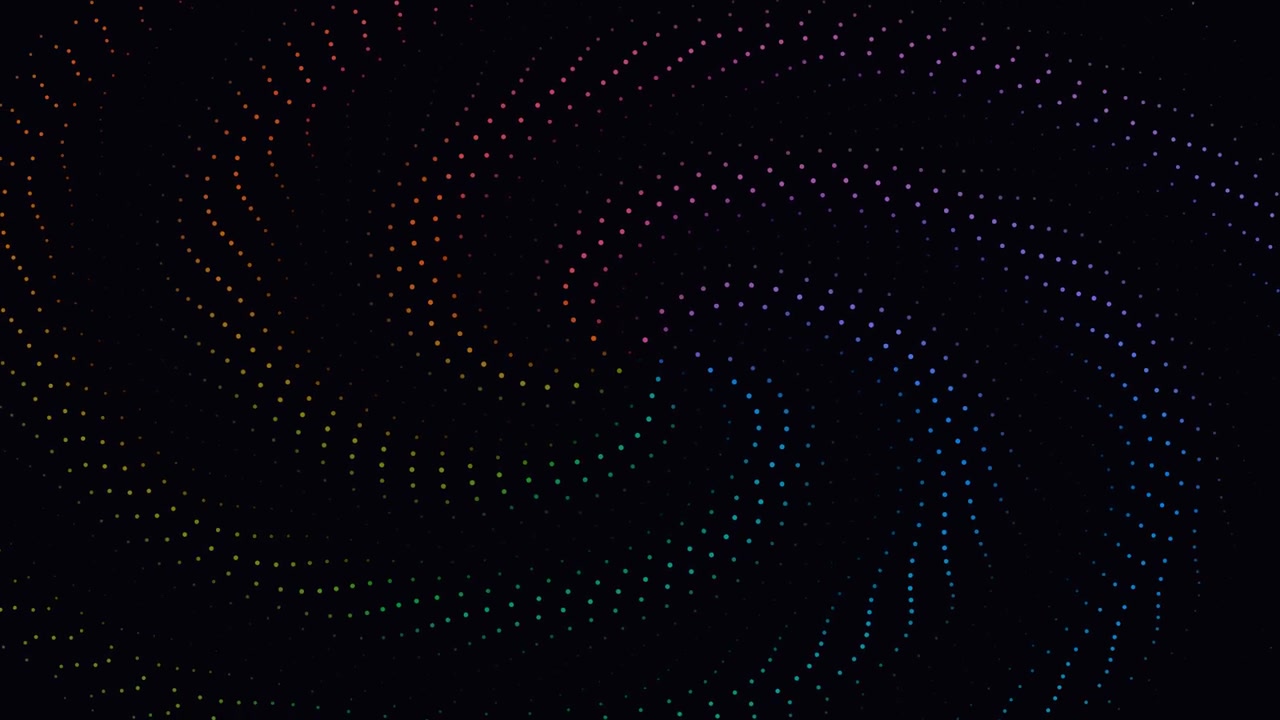 Abstract motion background featuring vibrant rainbow dots in a rotating spiral vortex pattern over a black backdrop. Ideal for modern tech or music visuals
