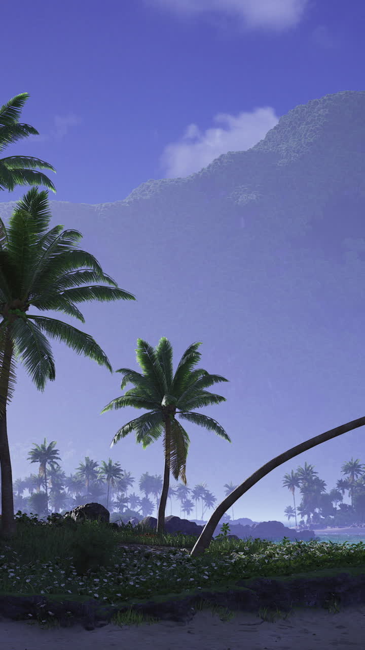 Scenic tropical landscape with palm trees and azure water during dusk