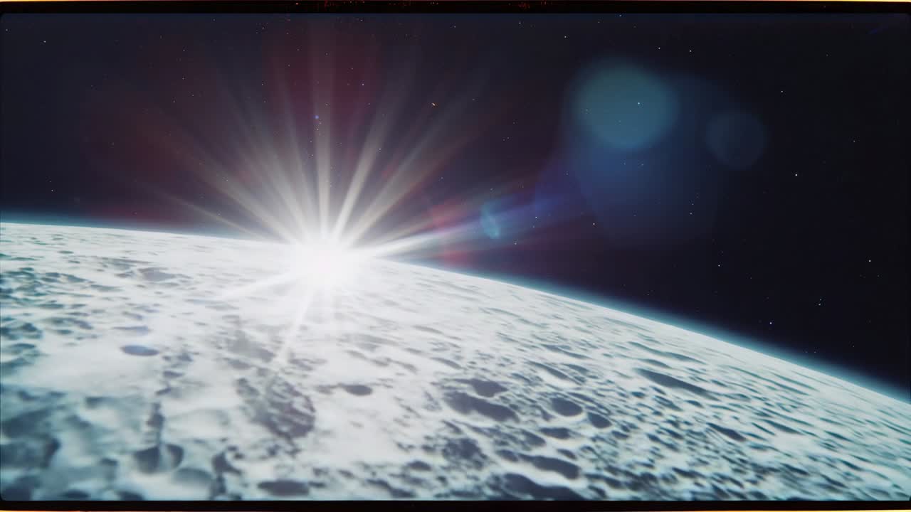 Bursting rising sun flare showing cratered lunar surface in orbit, lens flares and stars