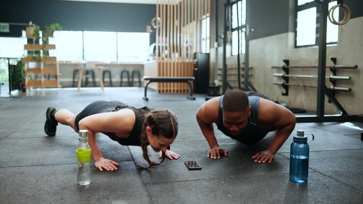 Couple Doing Push-Ups in Gym