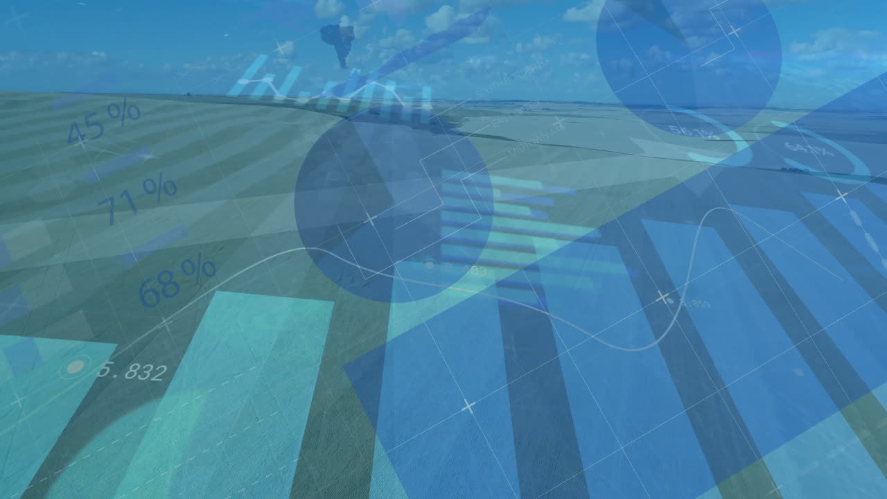 Flat design blue data overlay visualizing bar charts and line graphs above farmland fields