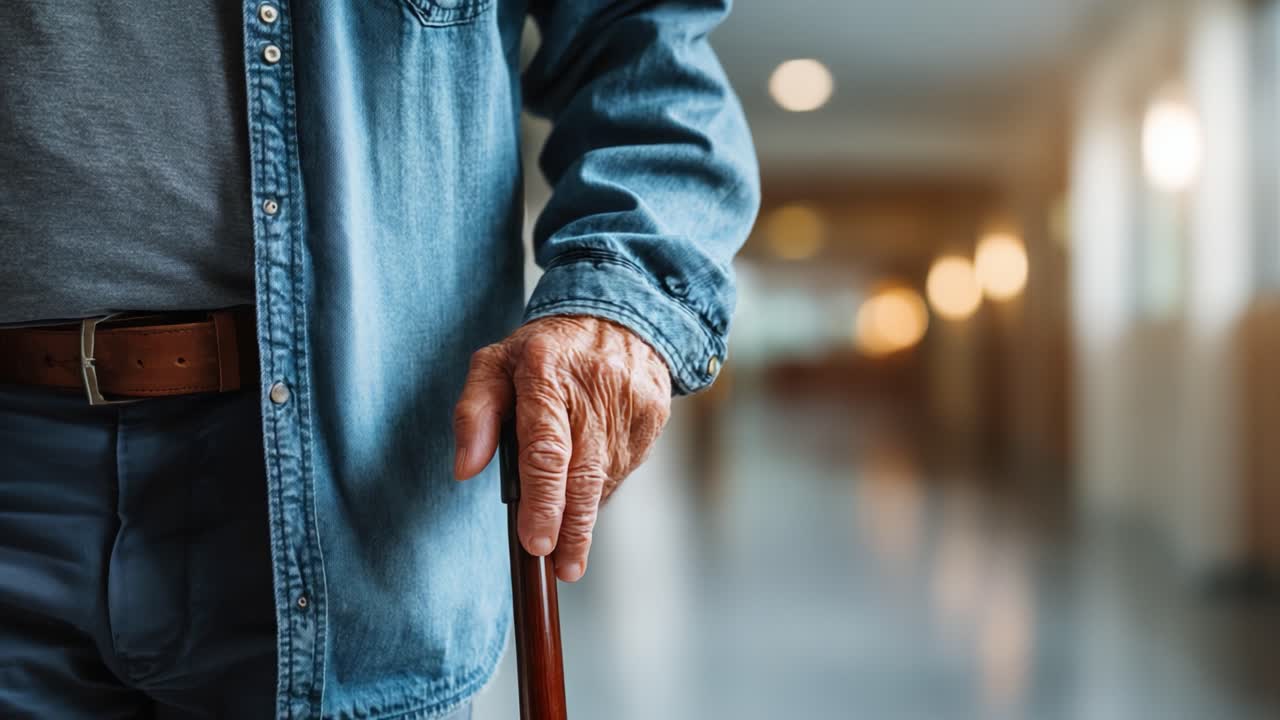 An Elderly Individual Progressing with a Cane Through a Dimly Lit Corridor, Capturing the Essence of Aging and Resilience Amidst Life's Transitions