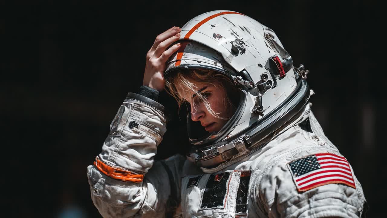 En astronaut forbereder seg til oppskyting: Nærbilder som fremhever en kvinnelig astronaut i romdrakten hennes, og fanger besluttsomhet og styrke i møte med kosmisk utforskning