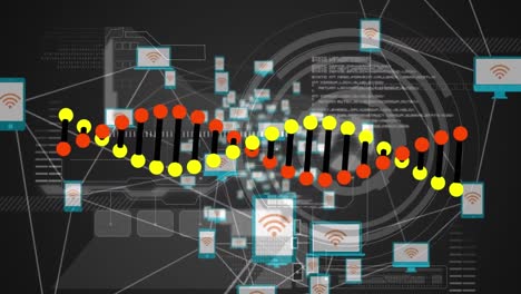 Animation-Des-DNA-Strangs,-Scope-Scanning-Mit-Netzwerk-Von-Verbindungen