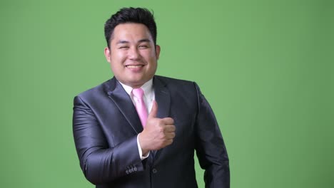 초록색 배경에 젊은 잘생긴 과체중 아시아 사업가