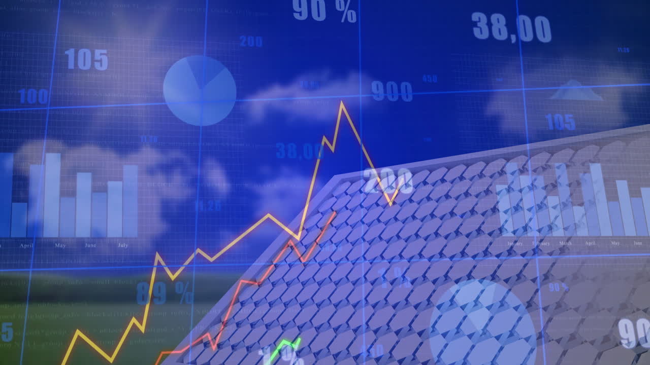 Hexagonal panels streaming digital charts and percent overlays over pitched roof within flat design