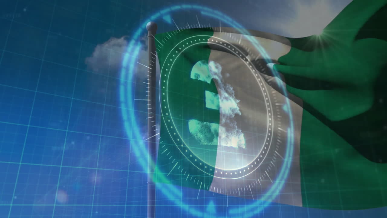 Animation of digital interface elements over waving flag against cloudy sky