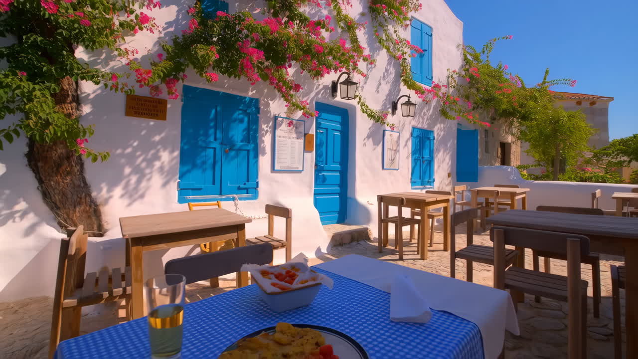Charming Outdoor Cafe in a Mediterranean Setting with Blue Shutters and Bougainvillea