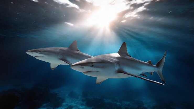 Two Sharks Gliding Gracefully Underwater with Sunbeams Illuminating Their Path in a Serene Ocean Environment, Showcasing the Beauty of Marine Life