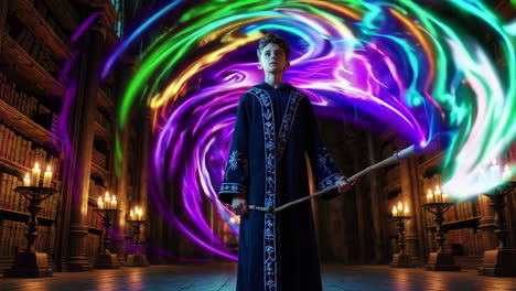 young wizard performing magic in a library