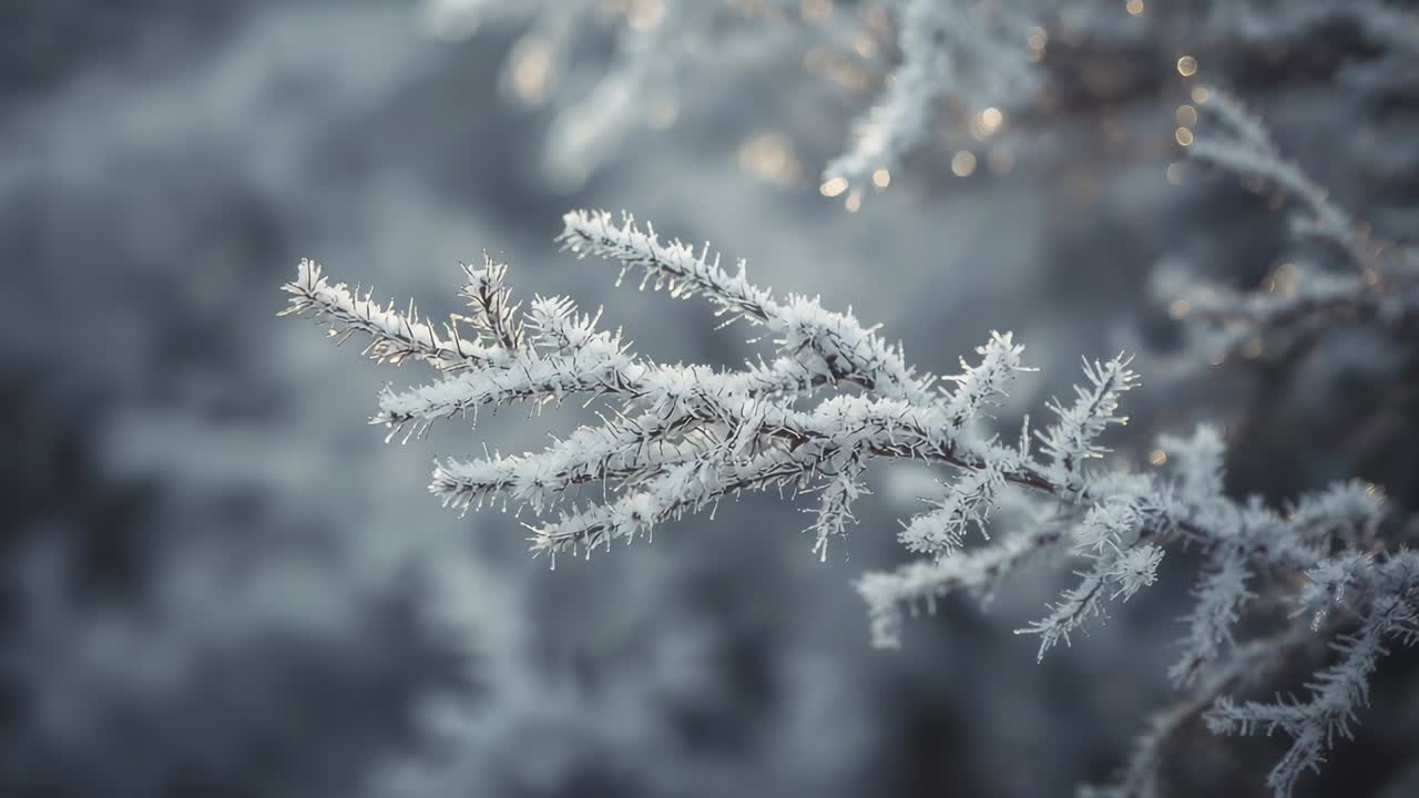 Pulling back camera revealing frosted conifer branch in cold forest, showing hoarfrost and bokeh