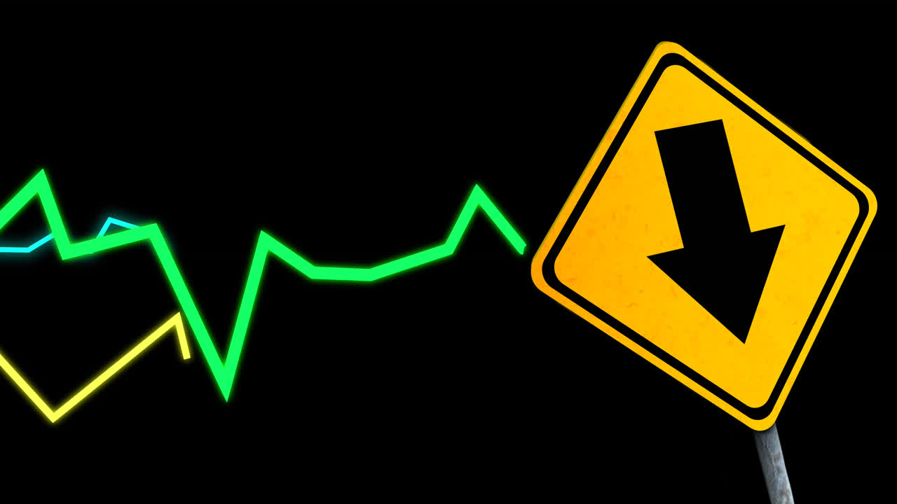 금융 데이터 처리의 애니메이션과 검은색 배경의 도로 표지판