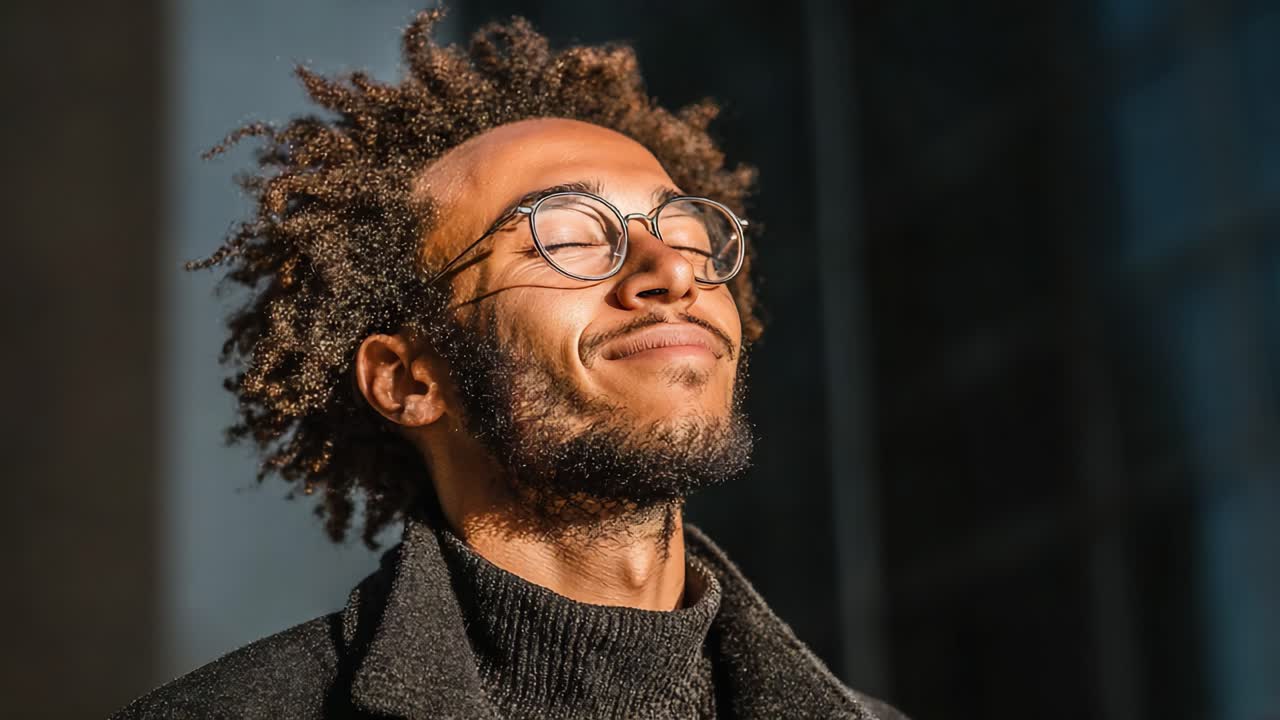 Un momento di beatitudine: un uomo con capelli ricci e occhiali si gode il calore del sole, irradiando felicità e pace in un vivace sfondo urbano.