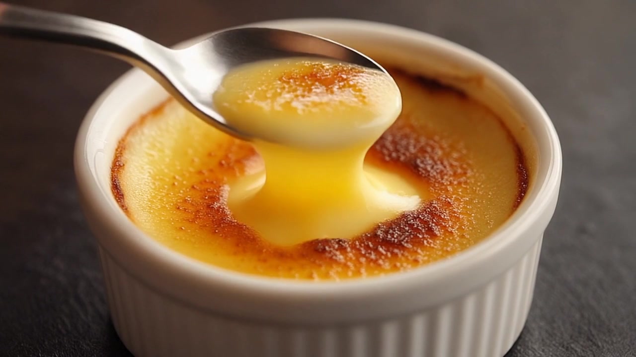 Lžíce nabírající krémové crème brûlée z ramekinu