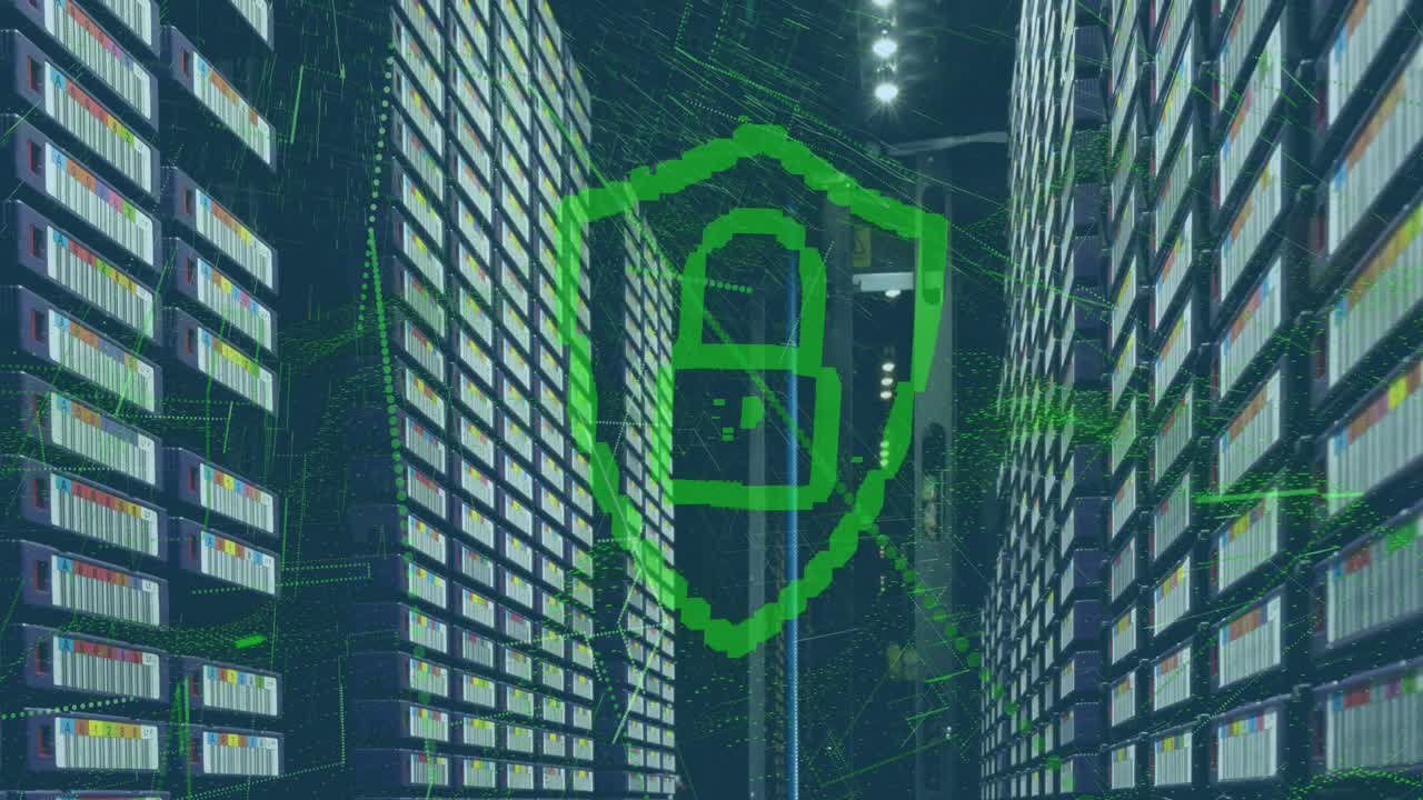 анимация замка в щите и динамические волны над большой комнатой сервера данных