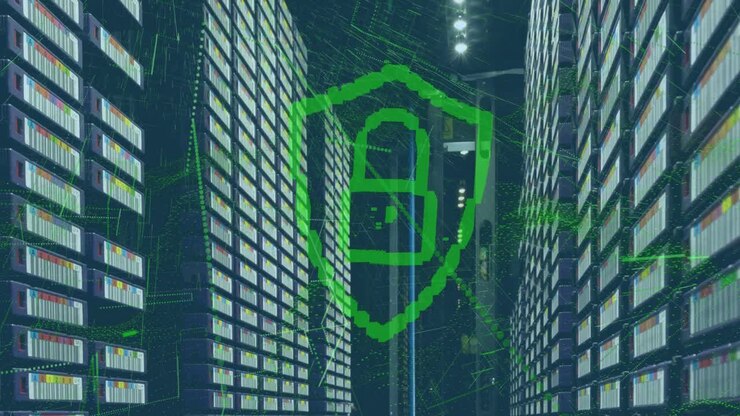 Animation of padlock in shield and dynamic waves over large data server room
