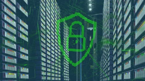 Animation of padlock in shield and dynamic waves over large data server room
