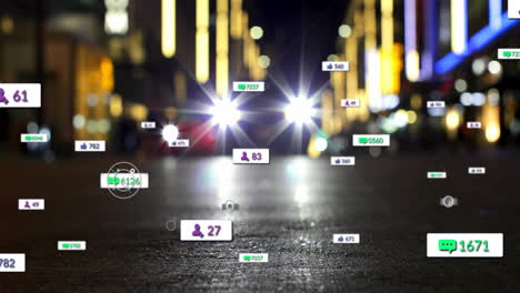 animación de iconos de redes sociales con números sobre los coches en la calle