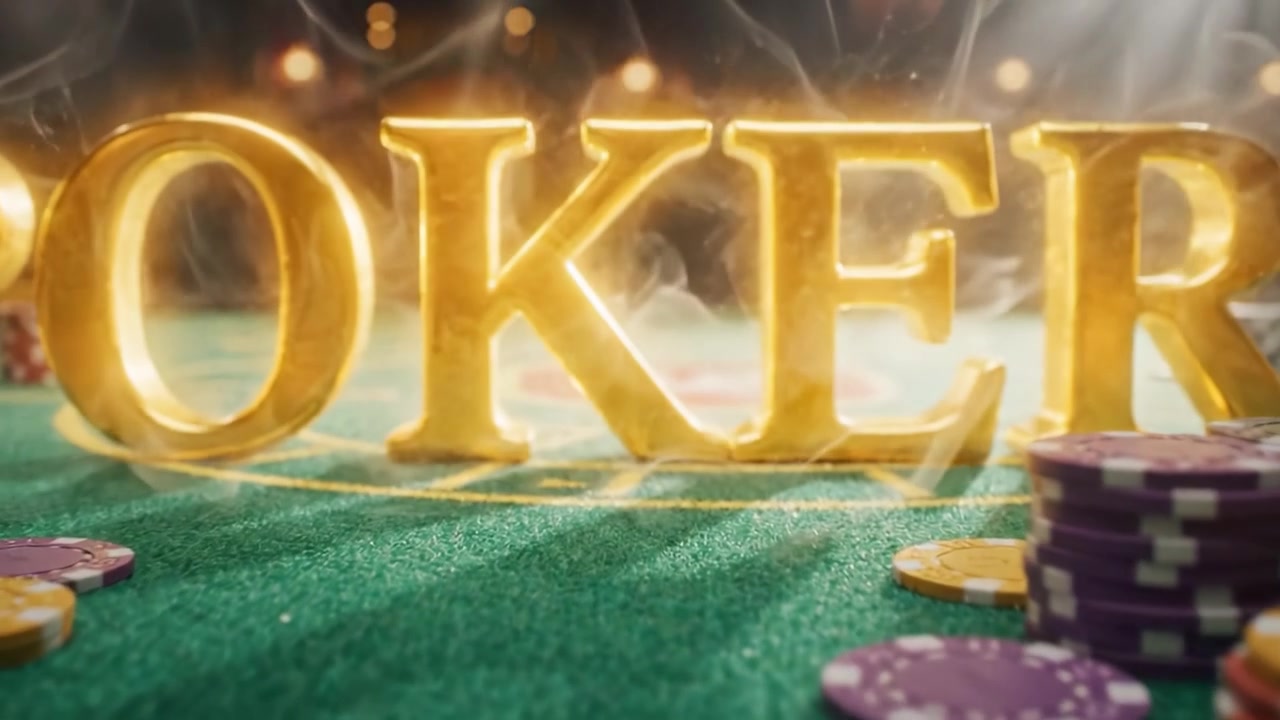 Un'atmosfera di eccitazione e strategia: il fasto e il glamour del poker con fiches scintillanti e tipografia audace in un lussuoso ambiente da casinò.