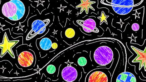 colorful crayon drawing of space with planets and stars