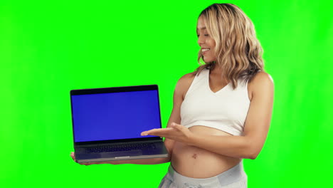 Pregnant-woman,-laptop-and-mockup-on-green-screen