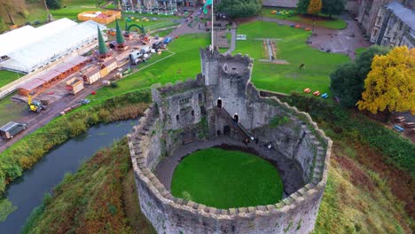 aerial view of caerphilly castle in autumn