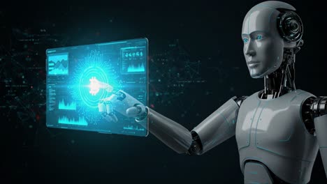 a futuristic robot interacting with a digital interface displaying cryptocurrency data and analytics, emphasizing the integration of ai and blockchain technology