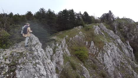 traveller with backpack reaching the top of a sharp mountain cliff flat color forest hills