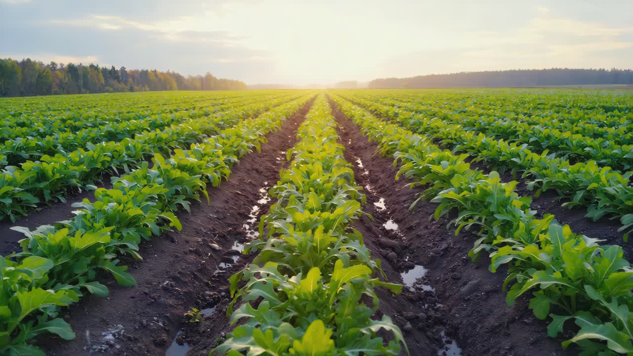 A vast field of crops under a bright sky