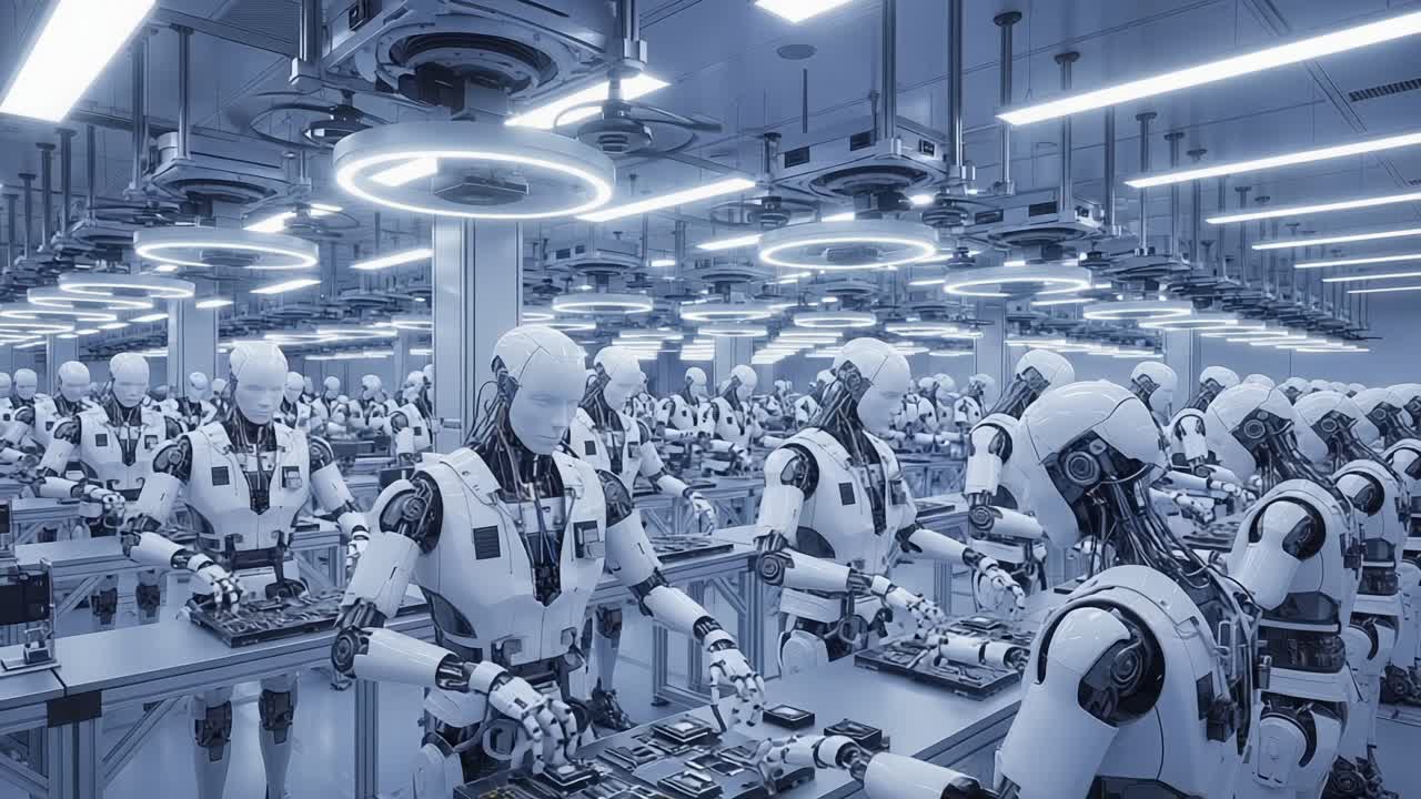 A Vast Assembly Line of Robots Working Diligently on Circuit Boards in a High-Tech Manufacturing Environment, Showcasing the Future of Automation and Robotics